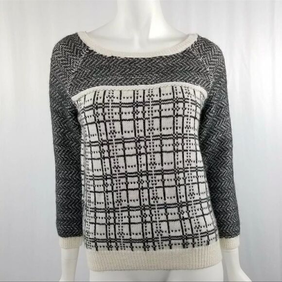 LOFT Size XS Black & White Plaid Angora Wool Blend Light Weight Sweater - Picture 1 of 9